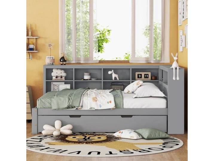 Lit Double Multifonction - AUTREMENT - 140x200 avec Gigogne 90x190 - Bois Massif Gris - USB - Rangements