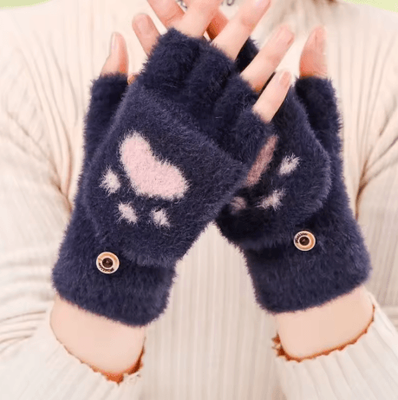 Inspire Picks Womens Plush Cat Paw Mittens Thick Warm Fingerless Winter Gloves For Girls navy Blue