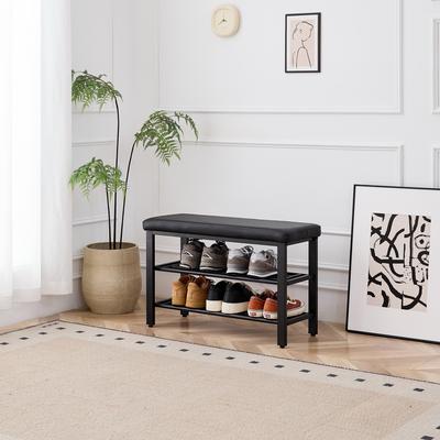 Aura Small Shoe Bench, 3-Tier Shoe Rack, Shoe Storage Bench with PU Seat Cushion and Metal Mesh Shelves