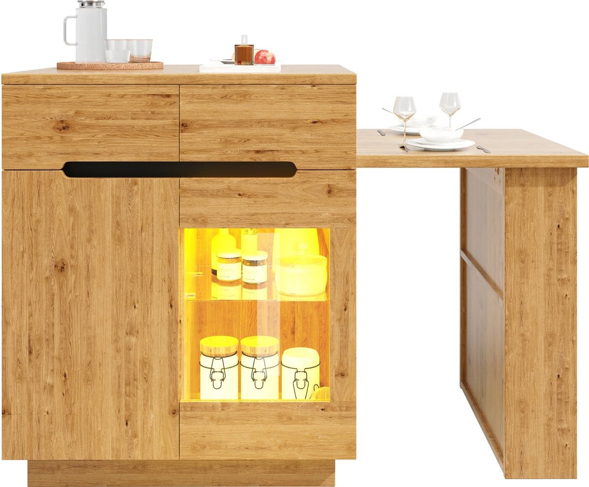 FLIEKS Keukeneiland met uitschuifbare tafel, lades, glazen deuren en LED-verlichting voor uw keuken of eetkamer