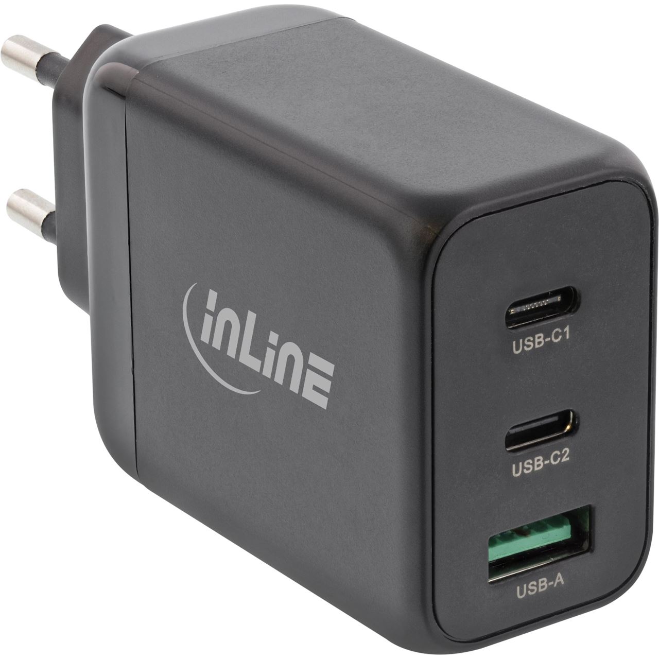 InLine USB PD Netzteil, GaN Ladegerät, 3-Port, Dual USB-C + USB-A, 65W, schwarz