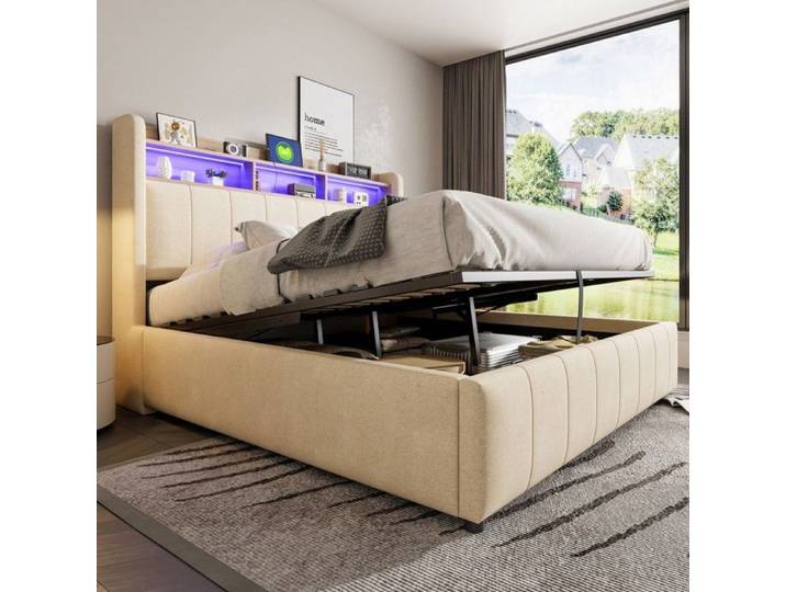 Lit- Zukavenir- en tissu en lin avec éclairage LED avec prise USB tête de lit avec étagères- 160x200cm
