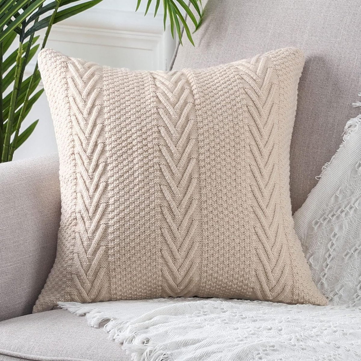 Beige Gebreide Decoratieve Sierkussensloop van Katoen, 40 x 40 cm, Vierkant