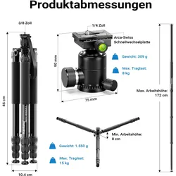 mantona Wolverine L 284 + Onyx 8 Kugelkopf Set Stativkopf Fotostativ Aluminium (Kunststoff, Metall), Stativ, Grau, Schwarz