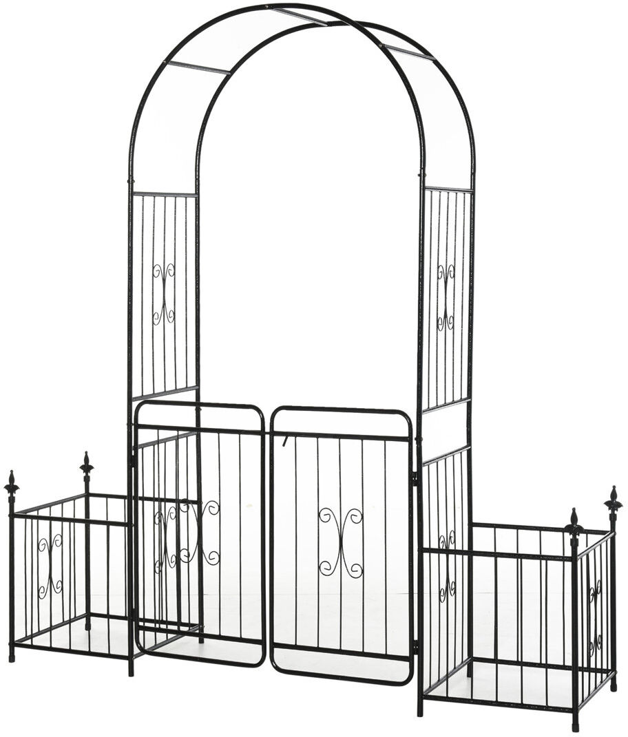 Dakota Fields Outsunny Metal Garden Arbor Arch with Gate, Double Doors, Black Black 220cm H X 200cm W X 50cm D