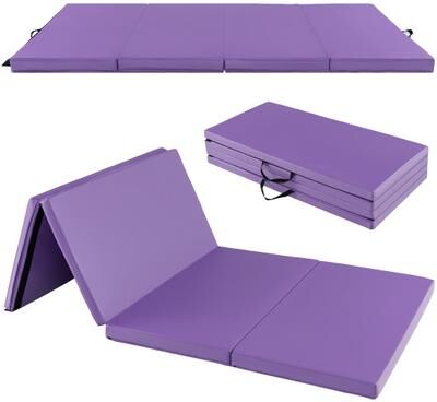 Costway Folding Gymnastics Mat with Carry Handles and Sweatproof Detachable PU Leather Cover-Purple