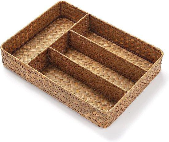 Unyqoos Handgeweven Zeegras Mand met Metalen Frame, Natuurlijk, Rechthoekig, 4 Vakken, 36 x 26 x 5 cm