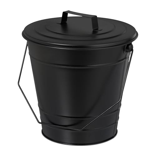 Relaxdays Asemmer met deksel en hengsel, Zwart, Metaal, B/D/H: 30,0 x 29,5 x 28,0 cm