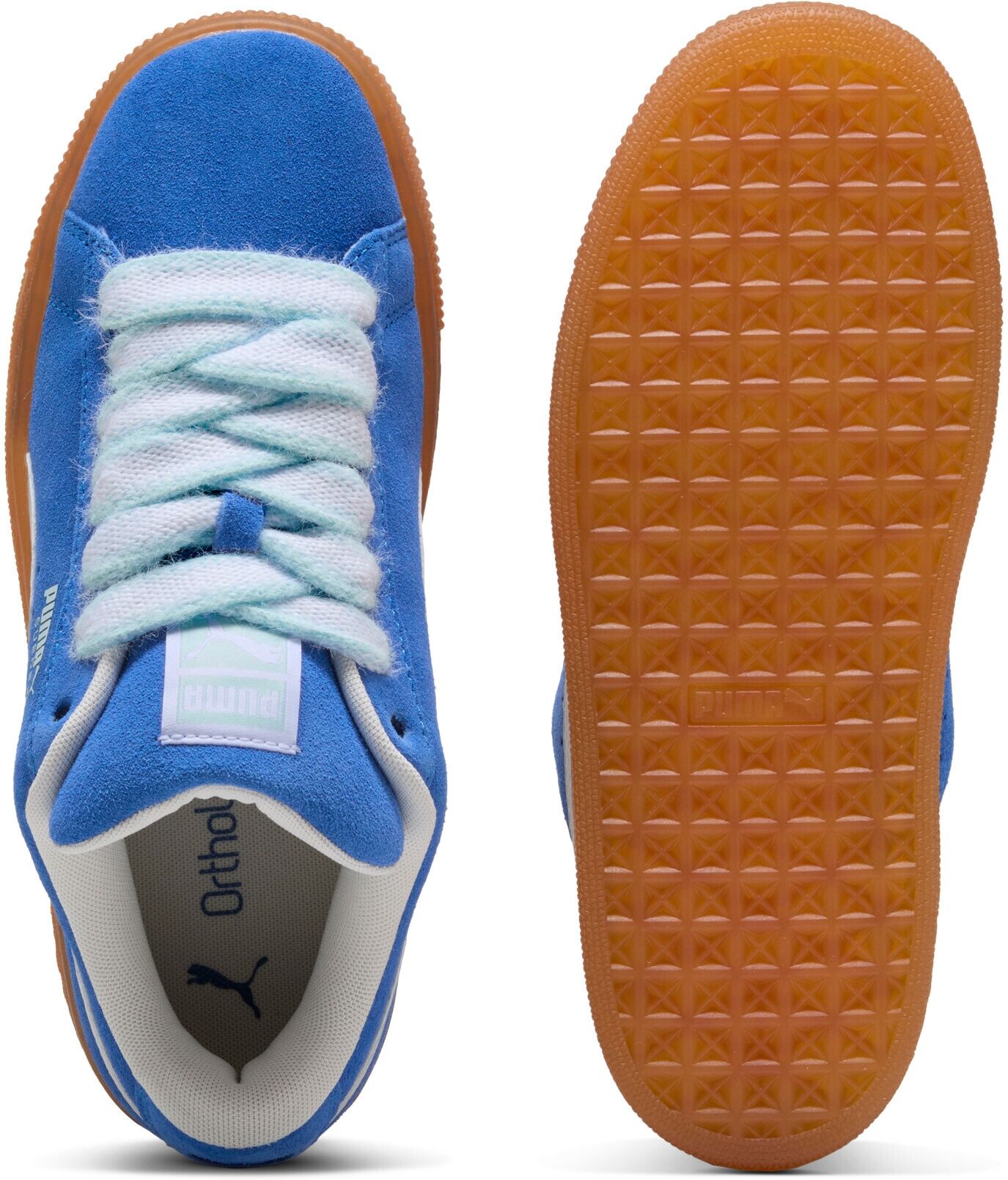 Sneaker PUMA "SUEDE XL LACES INTEREST WNS", Damen, Gr. 37,5, blau (mountain blau, caramel latte), Leder, mehrfarbig, Schuhe Sneaker mountain blau, caramel latte 37,5