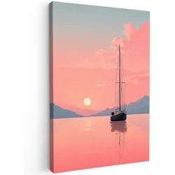 LEINWANDBILD Segelboot - Rosa Meer - Sonnenuntergang - Berge Deko Groß 90x140 cm