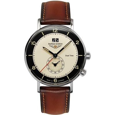 Quarzuhr BAUHAUS "Vintage Pilot Dual Time", braun (braun, beige), Armbanduhren, Herren, silberfarben, Quarzuhr, Armbanduhr, Herrenuhr, Made in Germany, analog, Tag, Dualzeit