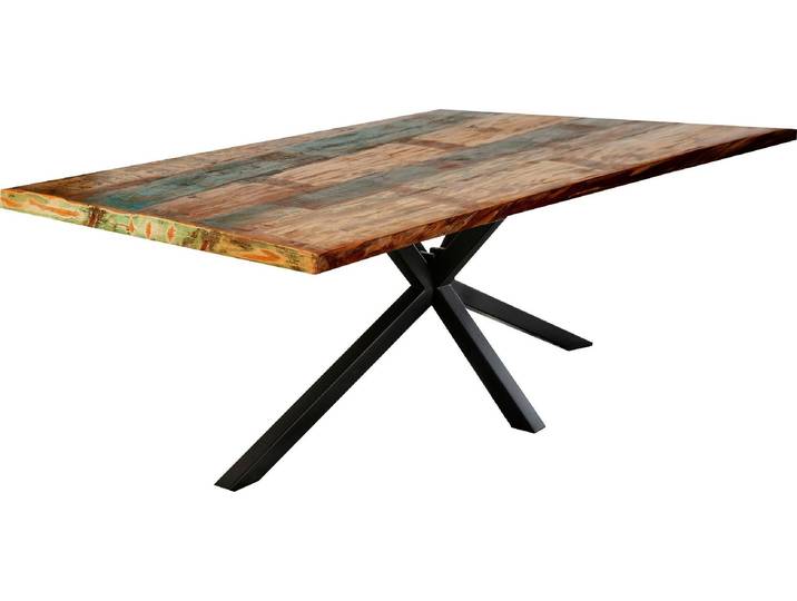 Esstisch SIT Riga Altholz Massivholz mit Stern-Gestell & Unikat-Charakter , schwarz (schwarz, schwarz, bunt), B:220cm H:76cm T:100cm, Tische, Esstisch, Massives Altholz mit markantem Stern-Gestell