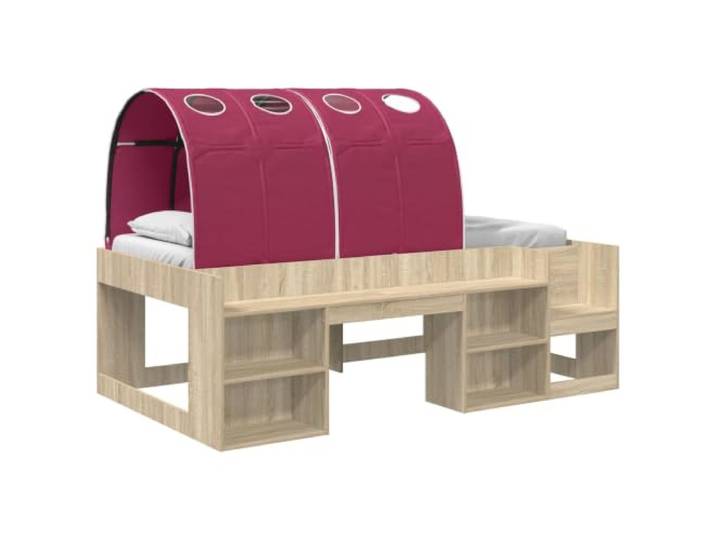 Keeushr Bett mit 3 STK. Sonoma Eiche und Rot Holzwerkstoff bett,3 Stk.,Holzwerkstoff,Lattenrost,Regale,Stauraum,Sonoma Eiche,Rot,Schlafzimmer