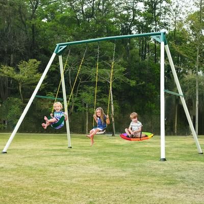 Klokick 9.5' Heavy Duty Metal Swing Set Tall Swing Sets with Saucer Swing, 2 Belt Swings for Backyard