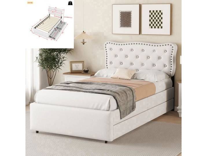 Lit plat 90×200 cm lit rembourré tête de lit avec rivets décoratifs double tiroir beige clair
