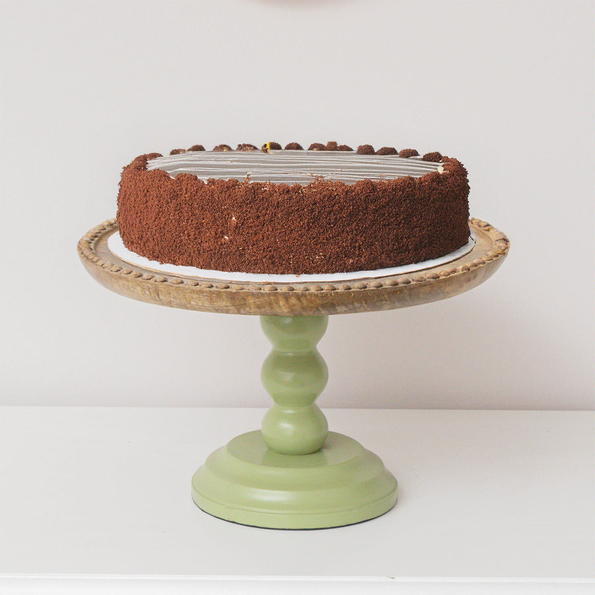 Round Sage Green & Mango Wood Bobble Detail Cake Display Stand Wood