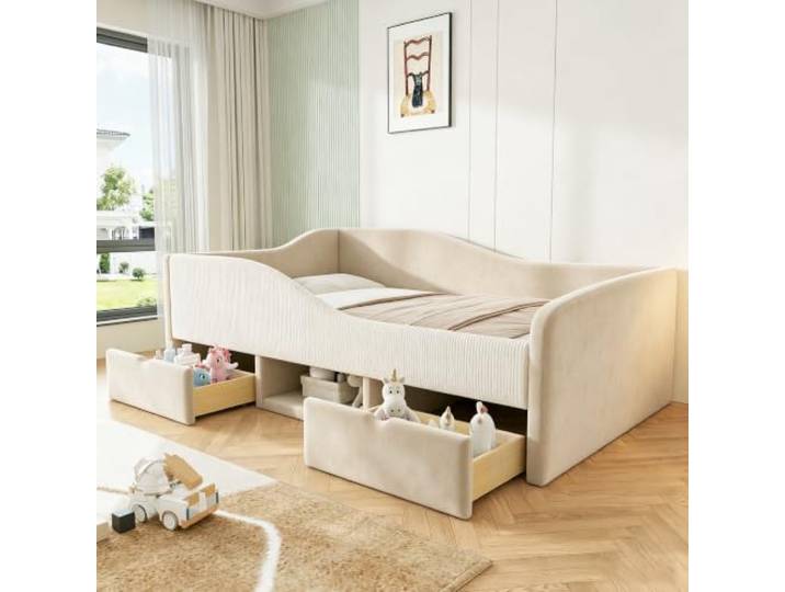 Bellemave Polster-Sofabett 90x190, Kinderbett mit 2 Schubladen,Beige Weicher hautfreundlicher Samtbezug,Lattenrost,gepolsterter Schutzzaun,belastbar bis 200 kg,2-Paket-Lieferung,ohne Matratze