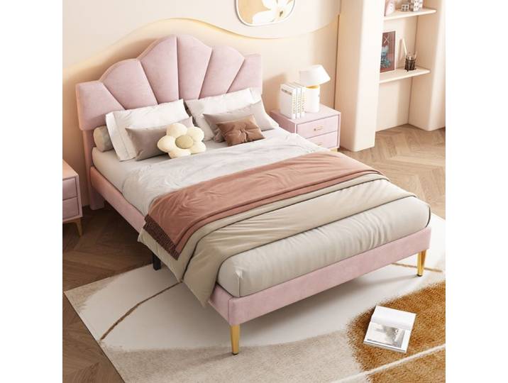 ULEVR lit double rembourre 140 x 190 cm en velours rose avec tete de lit coquille reglable et sommier a lattes