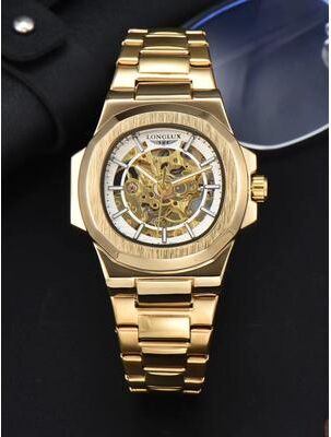 Inspired Finds LONGLUX Prestige Automatic Skeleton Watch For Men gold And White