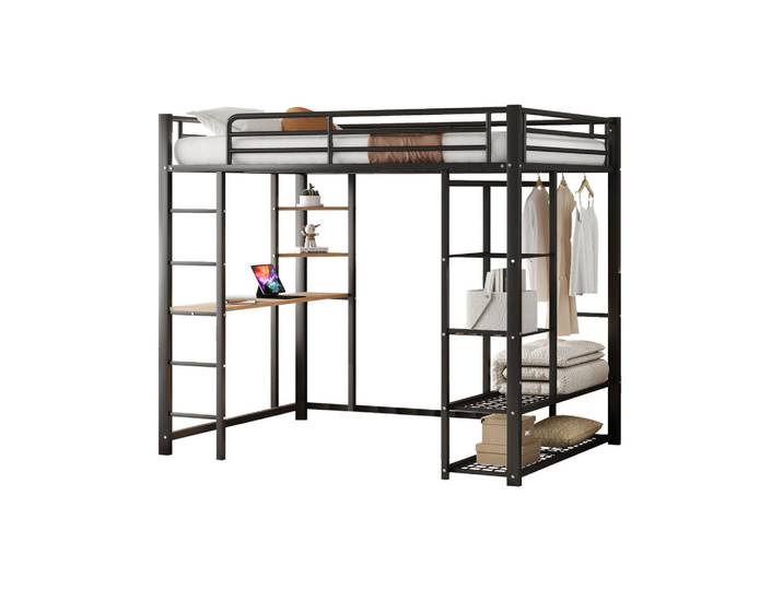 Redom Hochbett 140/200 cm mit Schreibtisch, Regalen und Kleiderstange, Metall & Mdf, Schwarz, 140x200 cm, Babymöbel & Kindermöbel, Kinderzimmer & Jugendzimmer, Kinderbetten, Hochbetten