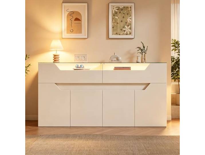 ModernLuxe Sideboard 140 cm,Kommode mit Glasplatte,Anrichte mit Schubladen Sideboard 140x40x70 cm mit gehärteter Glasplatte, 2 Schubladen und Stauraum.MDF Kommode für Wohnzimmer, Esszimmer und Flur
