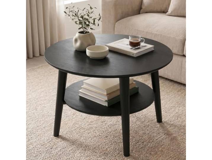 skølm Mjölnir Couchtisch rund Ø70 cm, Eiche massiv, Schwarz lackiert Wohnzimmertisch, Sofatisch mit 2 Ablagen, kleiner Beistelltisch, Holztisch Wohnzimmer mit Stauraum, Coffee Table, Eichenholz