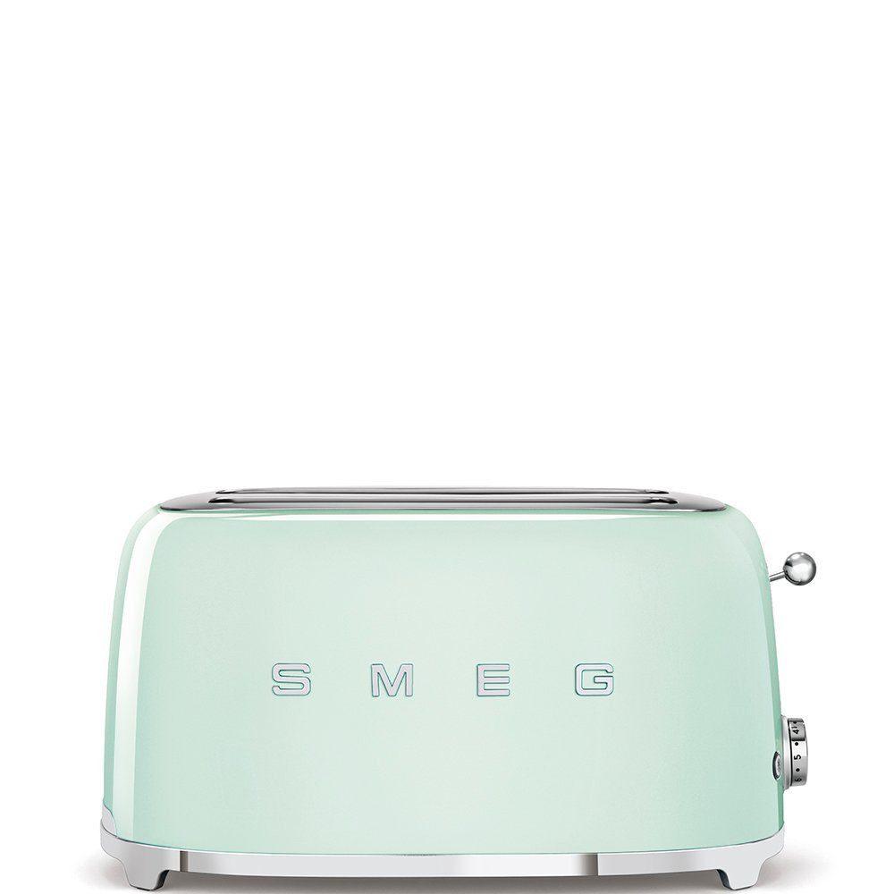SMEG Langschlitztoaster mit Brötchenaufsatz 2 Scheiben Hochglanz, 2 lange Schlitze, für 2 Scheiben, 1500,00 W, Auftauen, Rösten, Stopp - Türkis