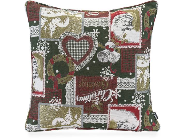 Dekokissen H.O.C.K. Christmas Patch , rot (dunkelgrün, dunkelrot, tannengrün, gemustert), B:50cm H:10cm L:50cm, Obermaterial: 82% Polyester, 18% Baumwolle. Füllung: 100% Polyester, Dekokissen_Sitzkissen_Kissenhüllen, Dekokissen, traditionelles Patchkissen mit Weihnachtsmotiven, inkl. Füllung