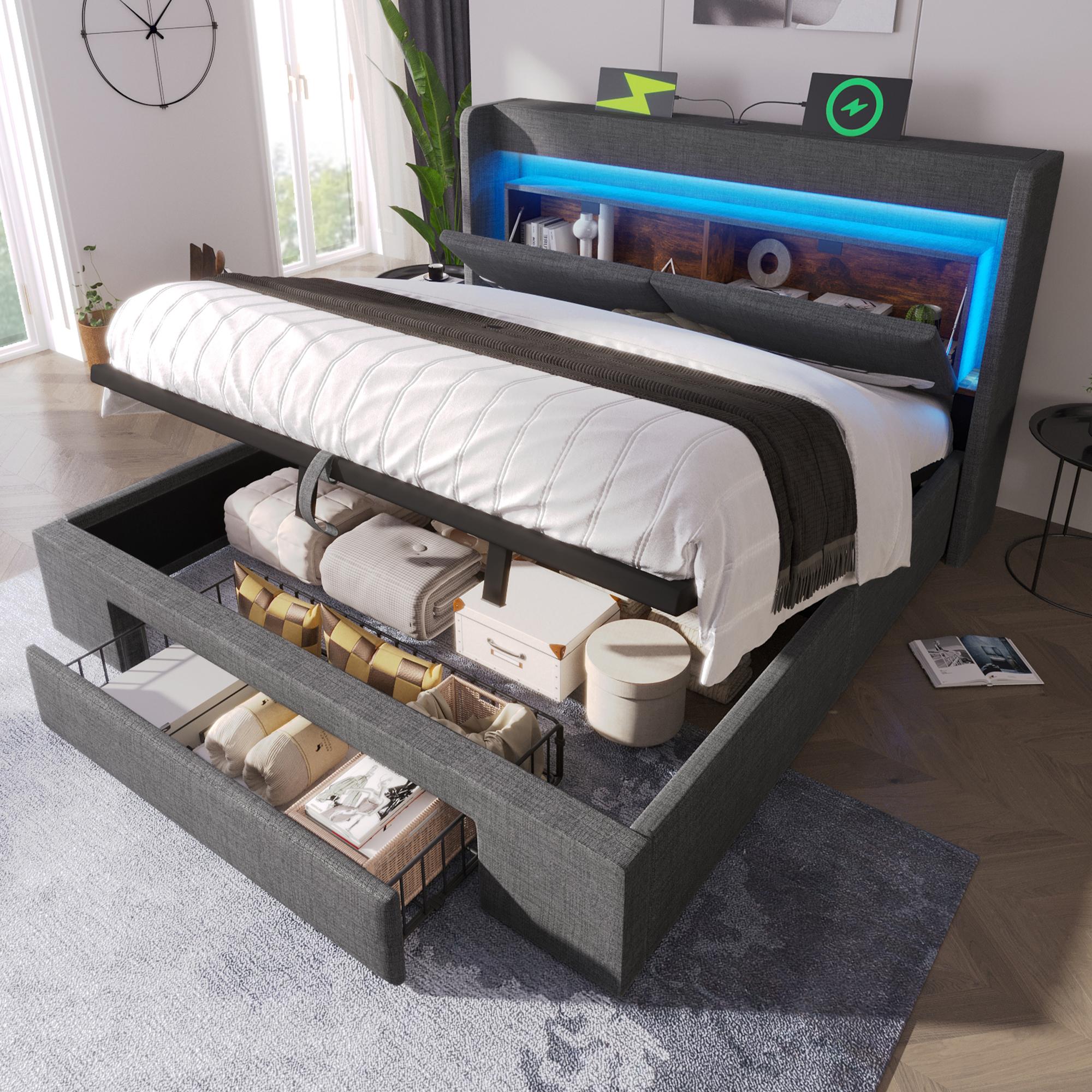 Polsterbett 180x200 cm mit hydraulischem Stauraum und Kopfteil mit Aufbewahrungsfach, LED-Beleuchtung sowie USB & USB-C Anschluss, ohne Matratze