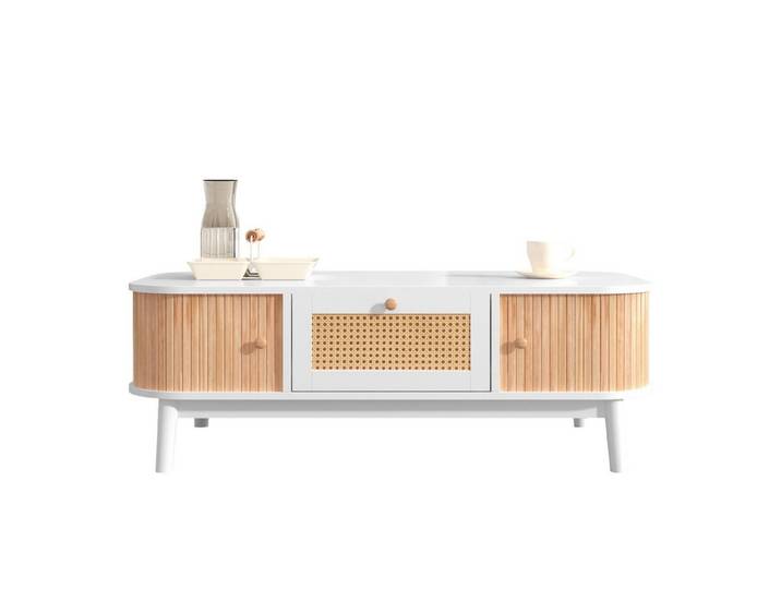Fine Life Pro Couchtisch (Eleganter Rattan-Kaffeetisch mit), Massivholztüren und natürlichem Landhausstil