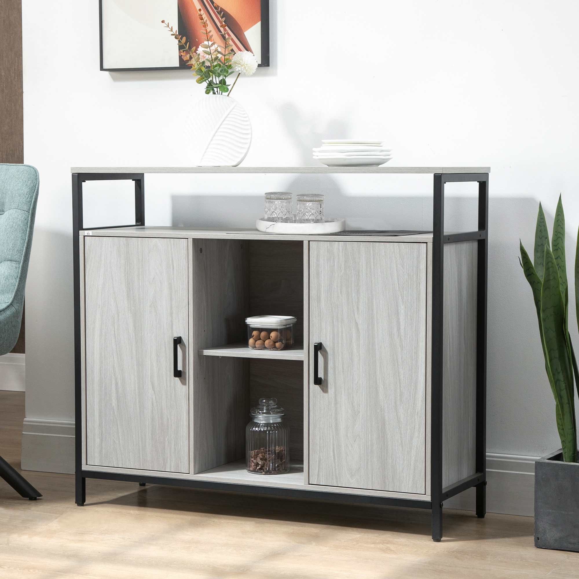 Homcom Credenza Moderna in Legno con 2 Armadietti e Ripiani, Mobile Cucina e per Ingresso Grigio Chiaro, 100x34x87.2cm Aosom