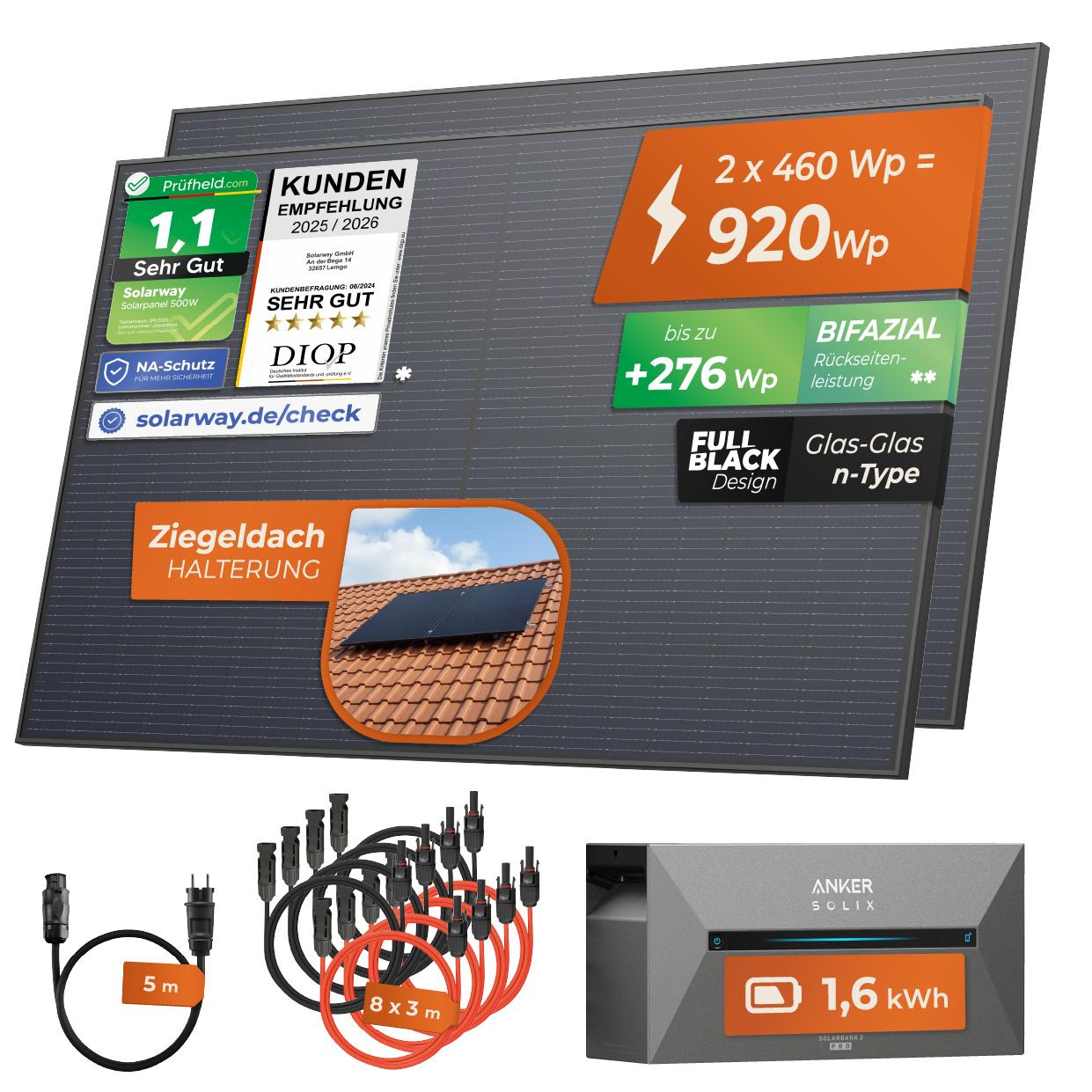 Solarway 920Wp / 800W Balkonkraftwerk mit 1,6 kWh Speicher komplett Steckdose - 1,6 kWh Anker SOLIX 2 PRO Speicher