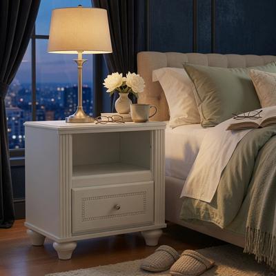 Benjara Nightstand with Beaded Drawer and Open Cubby, White Wood 23 Inch