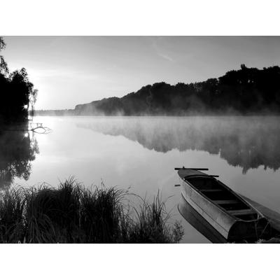 Fototapete PAPERMOON "See mit Boot Schwarz & Weiß", schwarz (schwarz, weiß), B:2,5m L:1,86m, Vlies, Tapeten