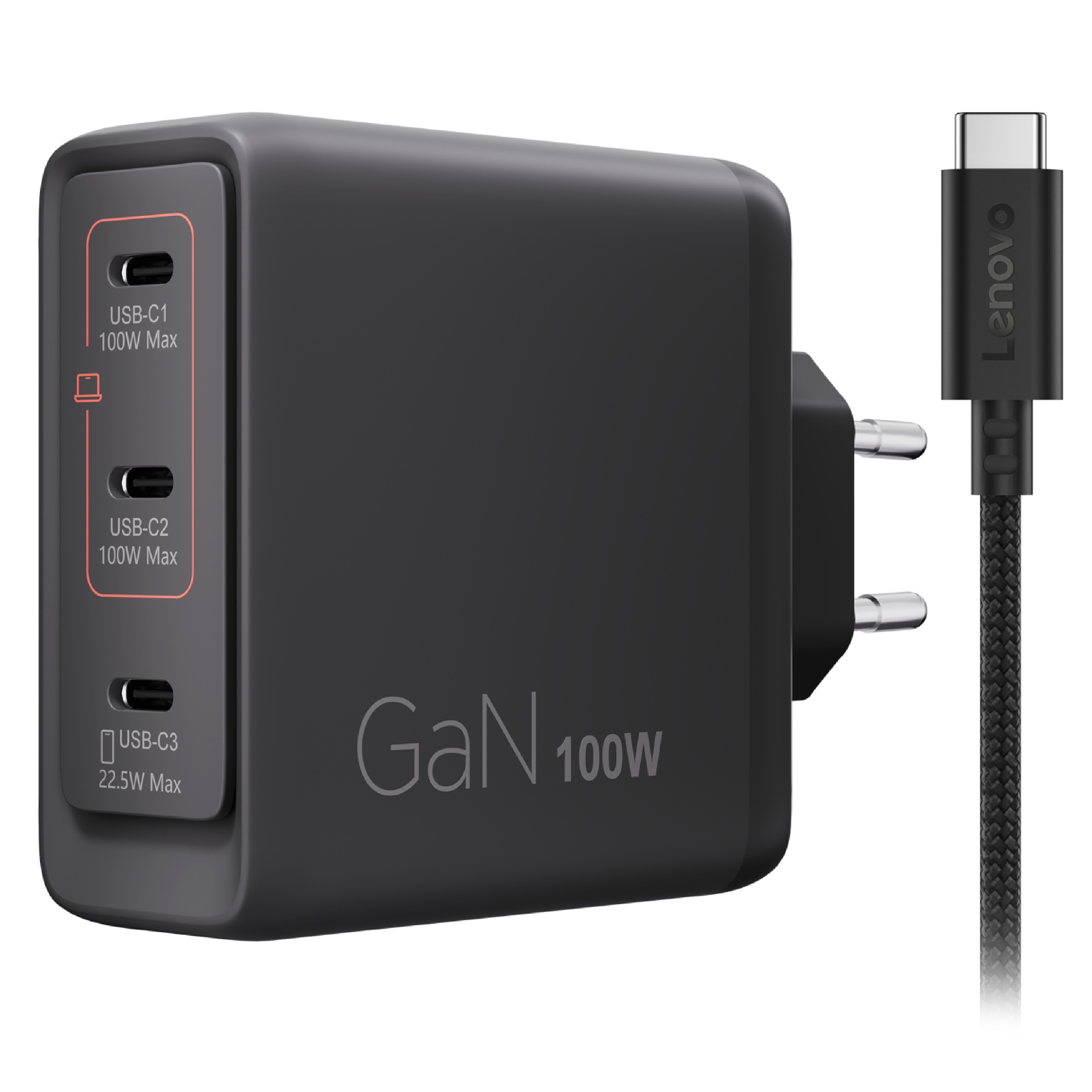 Lenovo Multi-Port USB-C 100W GaN-Ladegerät/ Netzteil Schwarz inkl. USB-C Kabel (1,8m) 40AW100BEU