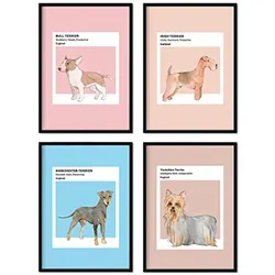 POSTER Set mit 4 terrierblättern Hunderassen in warmen Tönen A3 Schwarzer Rahmen