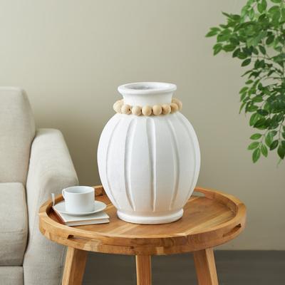 ARCILLA ELEMENTAL White Magnesium Oxide Decorative Vase with Light Brown Beads and Carved Grooves