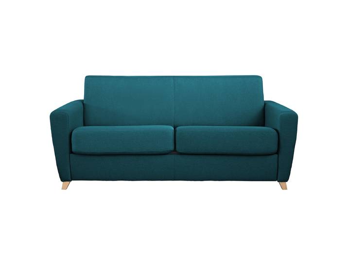 Canapé convertible 3 places en tissu bleu canard et bois clair avec matelas L140 cm 13 cm GRAHAM