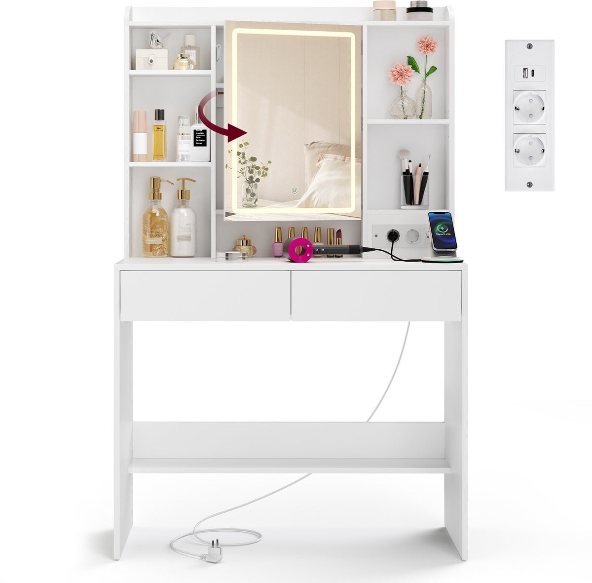 VASAGLE Kaptafel met Spiegel, LED-verlichting en Stopcontact, 3 Lichtkleuren en Verstelbare Planken
