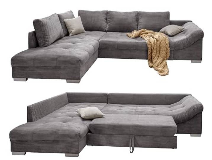 luma-Home 17202/ Ecksofa mit Schlaffunktion, Ottomane Links, Grau