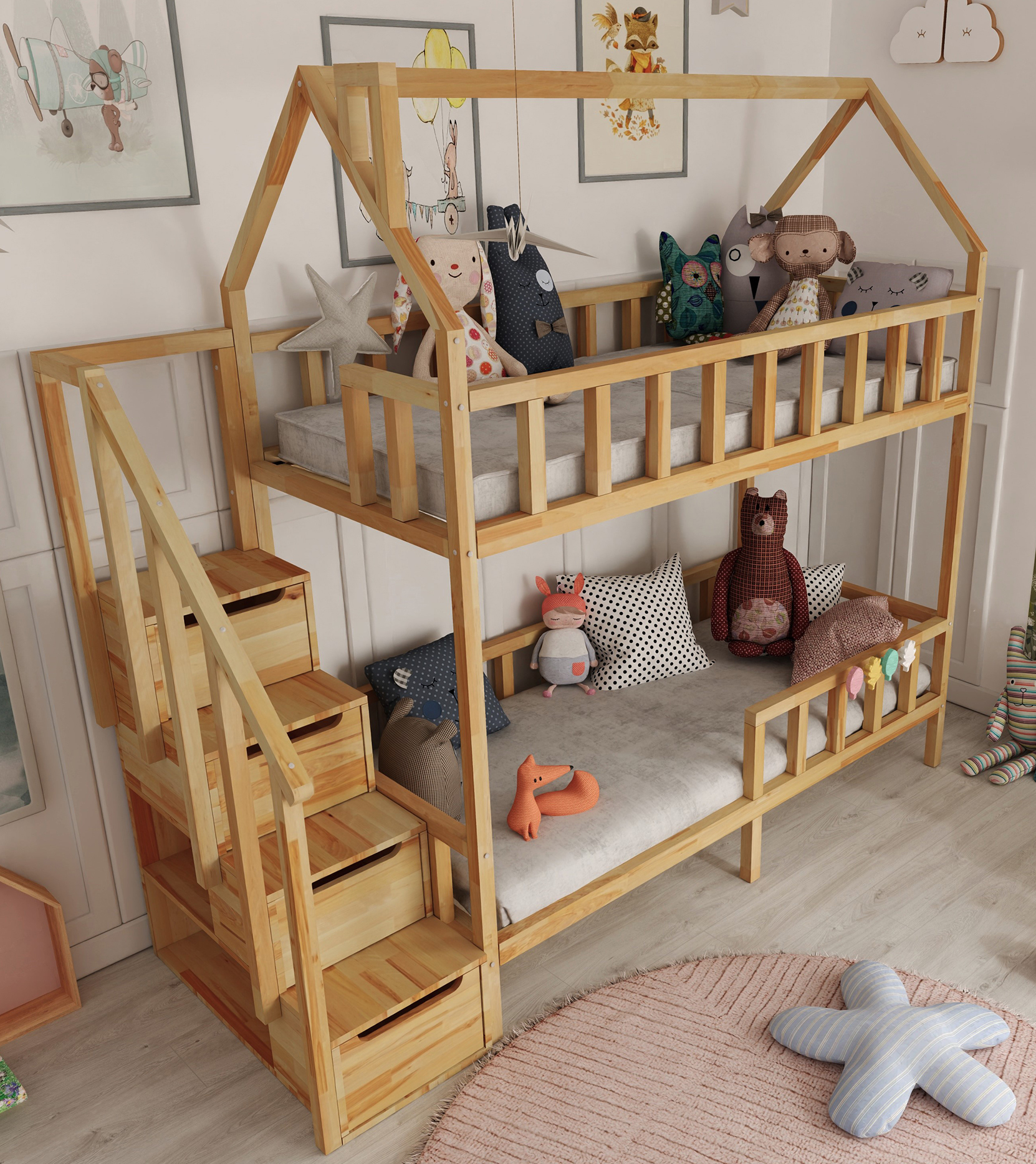 Etagenbett Hausbett mit Treppe, seitlicher Einstieg ZOSIA naturbelassen 160x80 cm