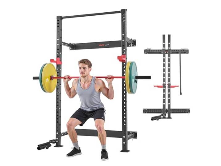VEVOR Power Cage Klappbar 454 kg Belastbar, Wandmontiertes Power Rack, Multifunktionales Krafttrainingsgerät mit Landminenbefestigung & verstellbaren J-Haken & Klimmzugstange für Heimfitnessstudio