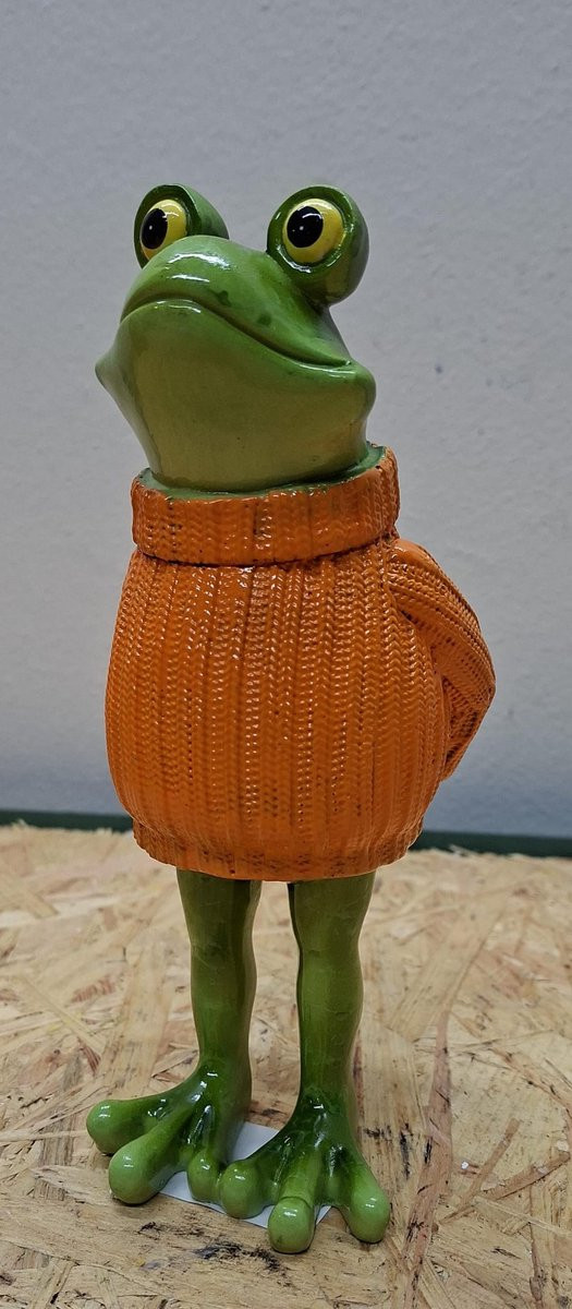 Decoratief beeld Karakter Kikker in Oranje Trui, Hoogte: 20 cm