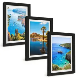 BILDER SET 3er Set - 20x30 cm Schwarzer Rahmen - Palmen am Meer, blaues Wasser
