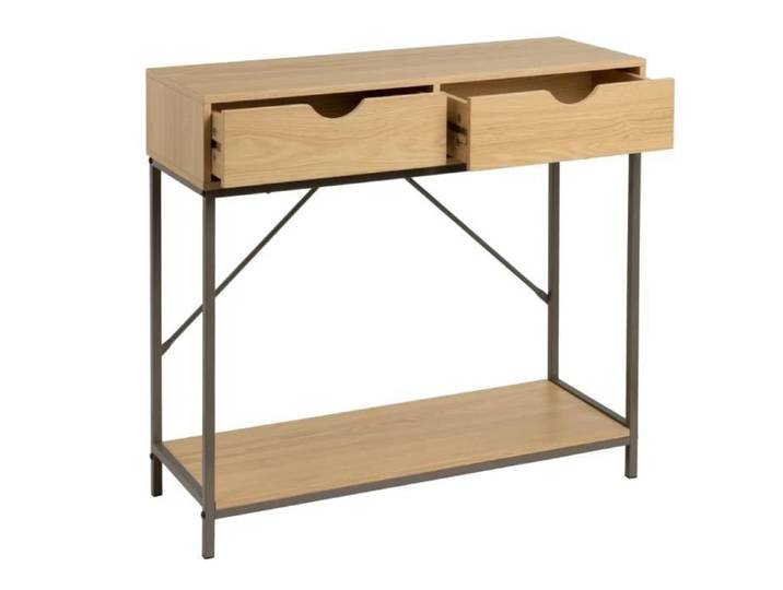 Table console - JUANIO - Longueur 80 cm - 2 tiroirs - Panneaux de particules naturel et structure en métal gris
