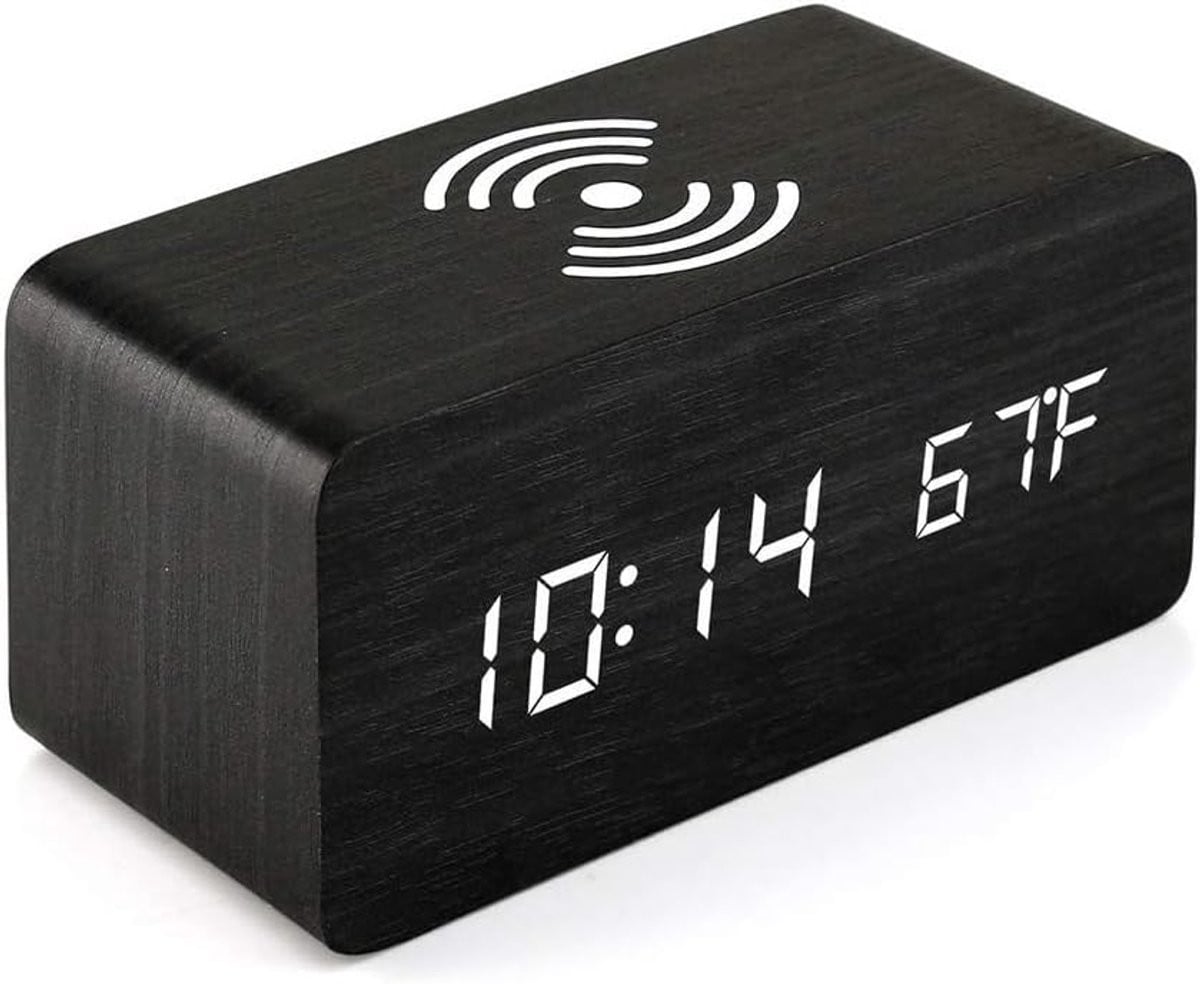 Houten digitale wekker met inductieve 5W snellader voor iPhone en Samsung Galaxy - Zwart