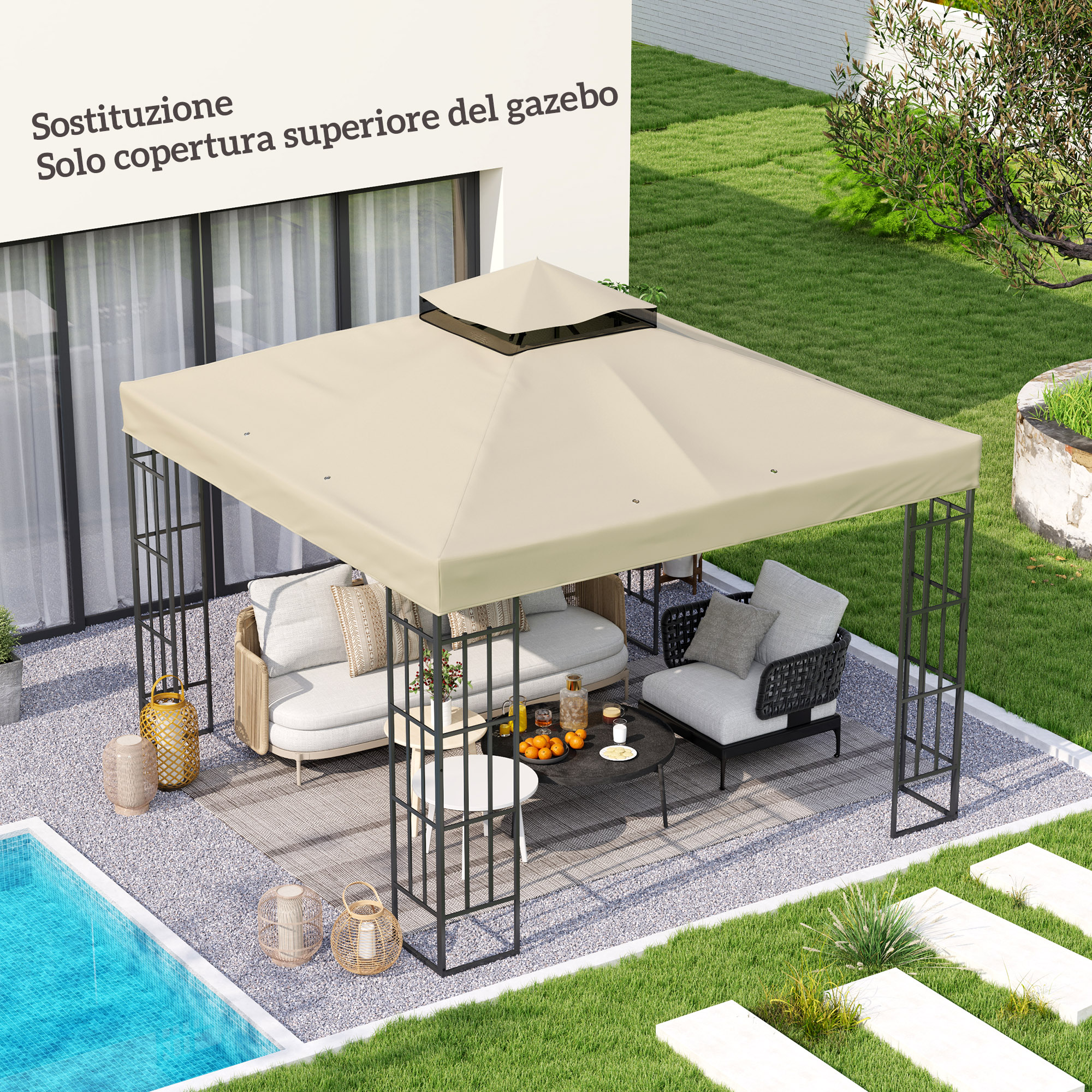 Outsunny Copertura per Gazebo da Giardino 3x3m, Tetto Sostitutivo UPF30+ a 2 Livelli in Poliestere, Crema