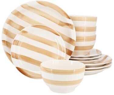Gibson Home Set of 12, Stoneware Dinnerware Sand Stripe