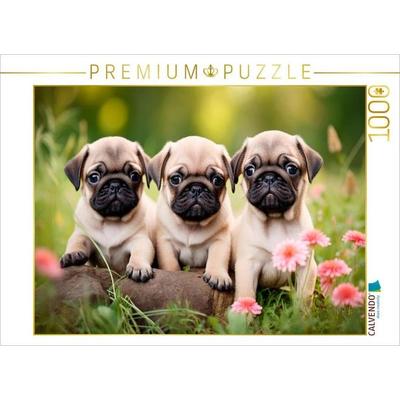 CALVENDO Puzzle Mopsparade im Blütenmeer | 1000 Teile Lege-Größe 64x48cm Foto-Puzzle für glückliche Stunden