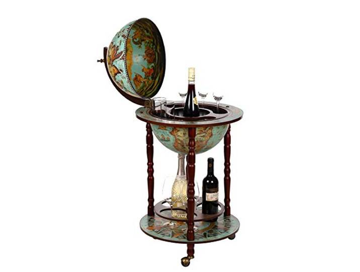Edler Barwagen 36001 Blau, mit massiven Eukalyptusholz Säulen, geöffnet 103 cm hoch und 47 cm breit, antike Weltkugel Globusbar, Bartisch, Hausbar, Barwagen, Weltkugel, Cocktailbar, Dekobar, Tischbar